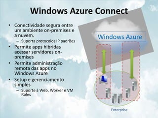 Windows Azure Connect
• Conectividade segura entre
  um ambiente on-premises e
  a nuvem.                           Windows Azure
   – Suporta protocolos IP padrões
• Permite apps hibridas
  acessar servidores on-
  premises
• Permite administração
  remota das apps no
  Windows Azure
• Setup e gerenciamento
  simples
   – Suporte à Web, Worker e VM
     Roles


                                        Enterprise
 