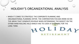 HOLIDAY’S ORGANIZATIONAL ANALYSIS
• WHEN IT COMES TO STRATEGIC THE CORPORATE PLANNING AND
ORGANIZATIONAL PLANNING DIFFER. THE CORPORATION FOCUSES MORE SO ON
THE AREAS THAT GENERATE REVENUE WHEN DETERMINING THE BUDGET ON THE
OTHER HAND ROLLING HILLS RANCH HAS TO LOOK AT PLANNING FOR THE
LONG TERM.
 
