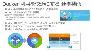 • Docker の利便性を高めることを目的とした拡張機能
• Azure 上の Linux VM で利用可能
azure vm docker create -l <location>
<vm-cloudservice-name> <image-name> <username>
<password>
• Docker API をコンテナー管理インターフェースとして実装
• Docker machine、compose、swarmをサポート。
• Docker Hub Azure Marketplace 統合機能
 