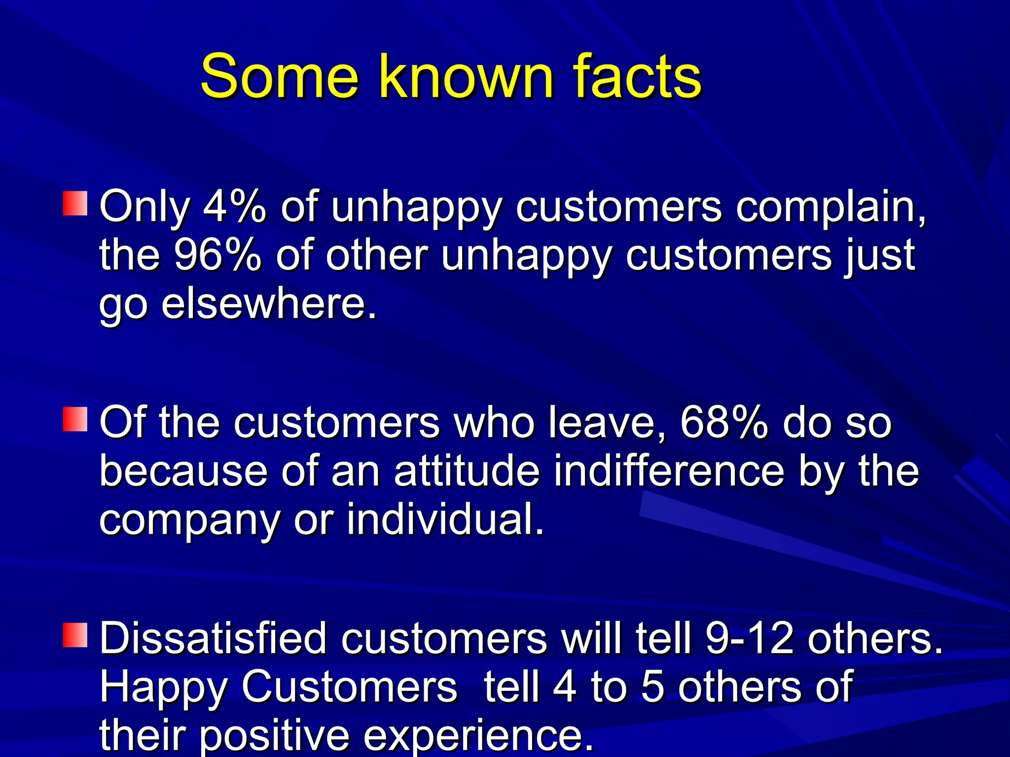 Some known factsSome known facts
Only 4% of unhappy customers complain,Only 4% of unhappy customers complain,
the 96% of other unhappy customers justthe 96% of other unhappy customers just
go elsewhere.go elsewhere.
Of the customers who leave, 68% do soOf the customers who leave, 68% do so
because of an attitude indifference by thebecause of an attitude indifference by the
company or individual.company or individual.
Dissatisfied customers will tell 9-12 others.Dissatisfied customers will tell 9-12 others.
Happy Customers tell 4 to 5 others ofHappy Customers tell 4 to 5 others of
their positive experience.their positive experience.
 
