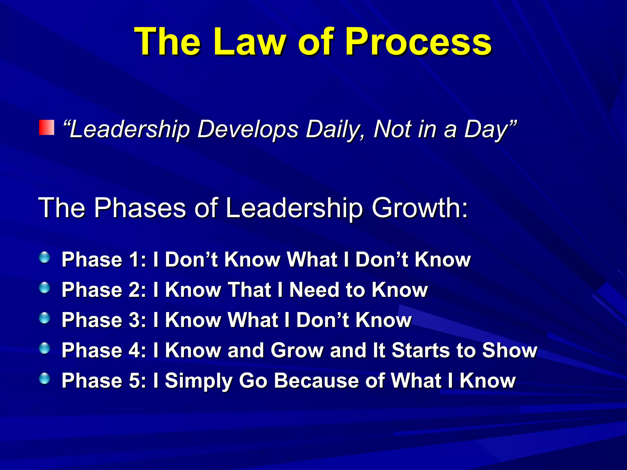 The Law of ProcessThe Law of Process
““Leadership Develops Daily, Not in a Day”Leadership Develops Daily, Not in a Day”
The Phases of Leadership Growth:The Phases of Leadership Growth:
Phase 1: I Don’t Know What I Don’t KnowPhase 1: I Don’t Know What I Don’t Know
Phase 2: I Know That I Need to KnowPhase 2: I Know That I Need to Know
Phase 3: I Know What I Don’t KnowPhase 3: I Know What I Don’t Know
Phase 4: I Know and Grow and It Starts to ShowPhase 4: I Know and Grow and It Starts to Show
Phase 5: I Simply Go Because of What I KnowPhase 5: I Simply Go Because of What I Know
 