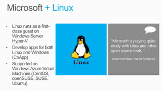 + Linux


          “Microsoft is playing quite
          nicely with Linux and other
          open source tools. “
          -Robert McMillan, Wired Enterprise
 