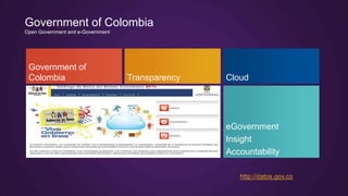 Government of Colombia
Open Government and e-Government




 Government of
 Colombia                          Transparency   Cloud




                                                  eGovernment
                                                  Insight
                                                  Accountability

                                                     http://datos.gov.co
 