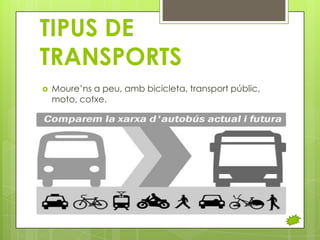 TIPUS DE
TRANSPORTS


Moure’ns a peu, amb bicicleta, transport públic,
moto, cotxe.

 