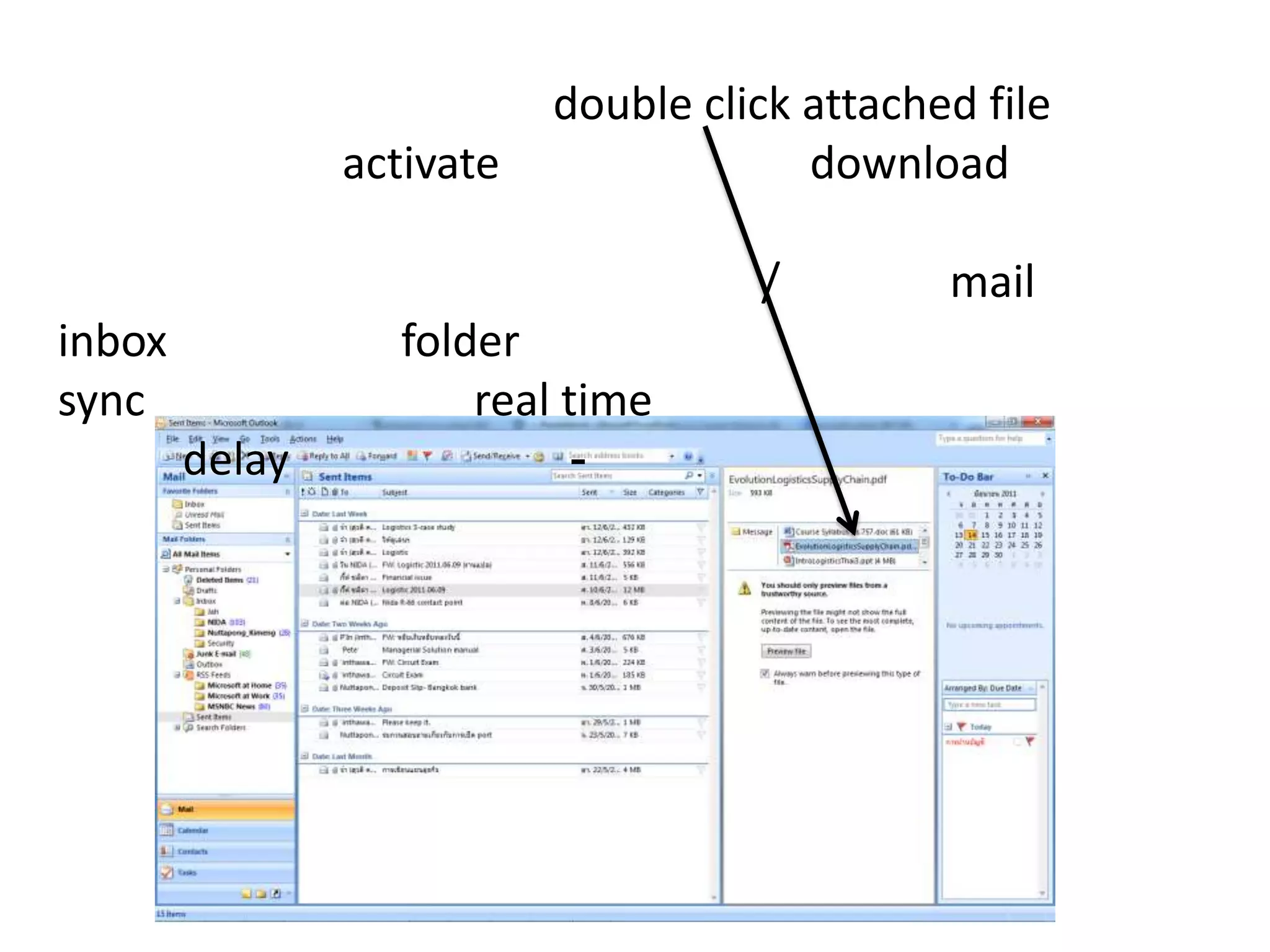 ที่ผมชอบที่สุดก็ตรงที่ไป double click attached file นี่แหละ มันก็จะ activate เลย ไม่ต้องมา download อีกรอบ ไม่ต้องมาปวดหัวว่า เฮ้ย วันก่อนเก็บไว้ตรงไหนวะ (แต่ต้องใช้ไปสักสองสามวัน ไล่ลบ และ/หรือ ดึง mail จาก inbox มาใส่ไว้ใน folder ก่อน ซักระยะนะครับ มันถึงจะเริ่ม sync ได้ค่อนข้างเป็น real time มากขึ้น เท่าที่ผมใช้ตอนนี้มันจะ delay ไปประมาณ 1-3 นาทีเท่านั้นเอง