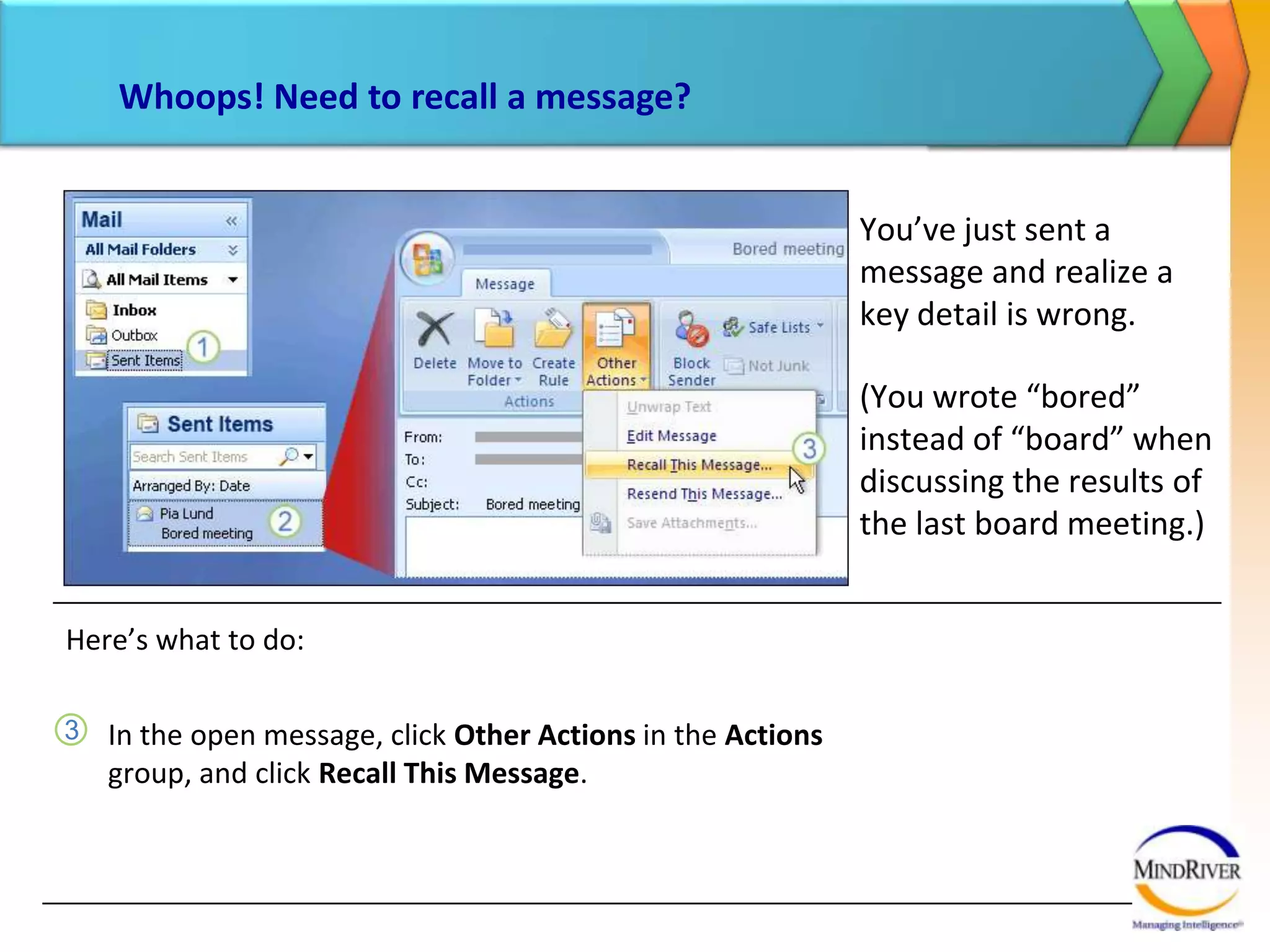 Make time and remember to do thingsOutlook isn’t just about e-mail. It’s also about organizing your time, which you do in the calendar. When you create or open an item in your calendar, you’ll see that the Ribbon shows groups and commands appropriate for helping you manage your time.
