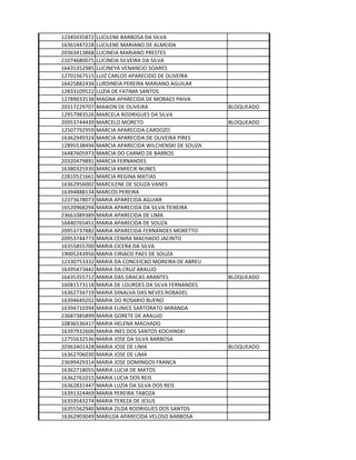 12345035872 LUCILENE BARBOSA DA SILVA
16361447228 LUCILENE MARIANO DE ALMEIDA
20363413868 LUCINEIA MARIANO PRESTES
21074680075 LUCINEIA SILVEIRA DA SILVA
16435352985 LUCINEYA VENANCIO SOARES
12701567515 LUIZ CARLOS APARECIDO DE OLIVEIRA
16425882434 LURDINEIA PEREIRA MARIANO AGUILAR
12833109522 LUZIA DE FATIMA SANTOS
12789033538 MAGNA APARECIDA DE MORAES PAIVA
20317229707 MAIKON DE OLIVEIRA BLOQUEADO
12957983526 MARCELA RODRIGUES DA SILVA
20953744439 MARCELO MORETO BLOQUEADO
12507792959 MARCIA APARECIDA CARDOZO
16362949324 MARCIA APARECIDA DE OLIVEIRA PIRES
12895538494 MARCIA APARECIDA WILCHENSKI DE SOUZA
16487605973 MARCIA DO CARMO DE BARROS
20320479891 MARCIA FERNANDES
16380325930 MARCIA KMIECIK NUNES
22810521661 MARCIA REGINA MATIAS
16362956002 MARCILENE DE SOUZA VANES
16394888134 MARCOS PEREIRA
12373678073 MARIA APARECIDA AGUIAR
16520968294 MARIA APARECIDA DA SILVA TEIXEIRA
23661089389 MARIA APARECIDA DE LIMA
16440765451 MARIA APARECIDA DE SOUZA
20953737882 MARIA APARECIDA FERNANDES MORETTO
20953744773 MARIA CENIRA MACHADO JACINTO
16355855700 MARIA CICERA DA SILVA
19005243956 MARIA CIRIACO PAES DE SOUZA
12330753332 MARIA DA CONCEICAO MOREIRA DE ABREU
16395473442 MARIA DA CRUZ ARAUJO
16435355712 MARIA DAS GRACAS ARANTES BLOQUEADO
16081573118 MARIA DE LOURDES DA SILVA FERNANDES
16362734719 MARIA DINALVA DAS NEVES ROBADEL
16394649202 MARIA DO ROSARIO BUENO
16394710394 MARIA EUNICE SARTORATO MIRANDA
23687385899 MARIA GORETE DE ARAUJO
10836536417 MARIA HELENA MACHADO
16397932606 MARIA INES DOS SANTOS KOCHINSKI
12755632536 MARIA JOSE DA SILVA BARBOSA
20363401428 MARIA JOSE DE LIMA BLOQUEADO
16362706030 MARIA JOSE DE LIMA
23699429314 MARIA JOSE DOMINGOS FRANCA
16362718055 MARIA LUCIA DE MATOS
16362761015 MARIA LUCIA DOS REIS
16362831447 MARIA LUZIA DA SILVA DOS REIS
16391324469 MARIA PEREIRA TABOZA
16359543274 MARIA TEREZA DE JESUS
16355562940 MARIA ZILDA RODRIGUES DOS SANTOS
16362903049 MARILDA APARECIDA VELOSO BARBOSA
 