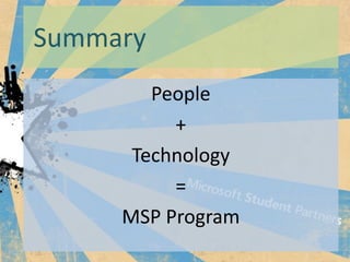 Summary
        People
          +
      Technology
          =
     MSP Program
 