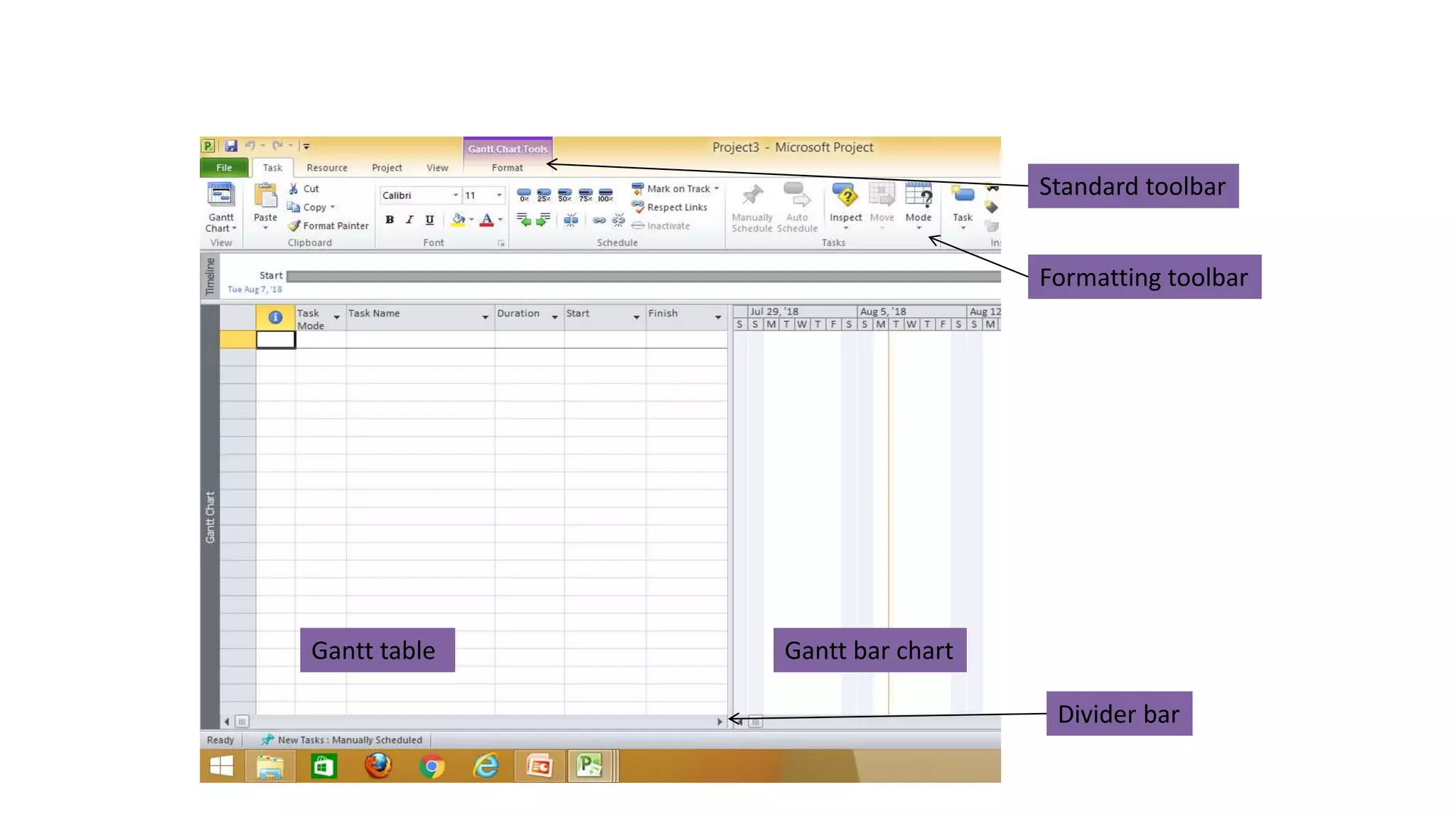 Gantt table Gantt bar chart
Divider bar
Standard toolbar
Formatting toolbar
 