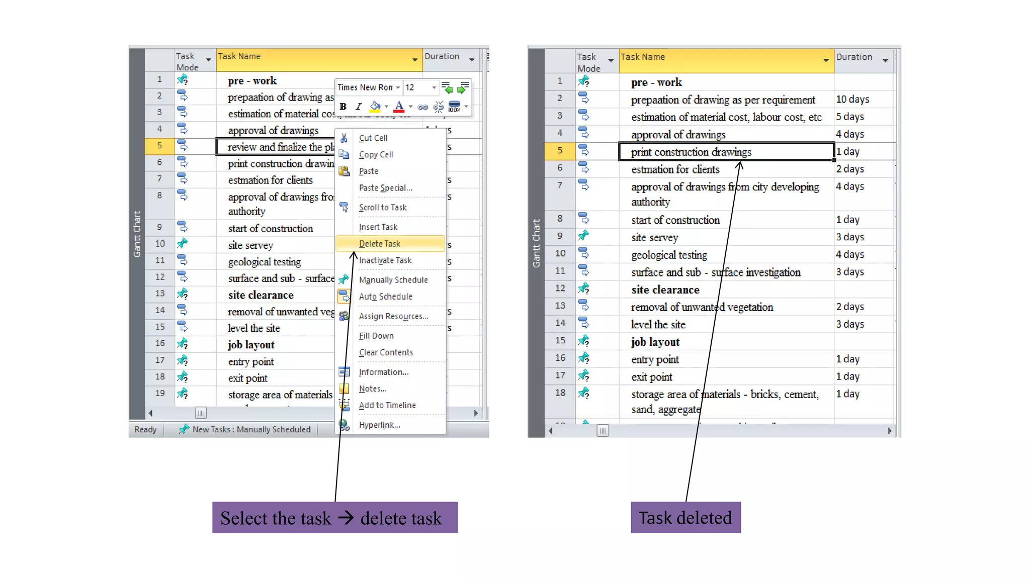 Select the task  delete task Task deleted
 