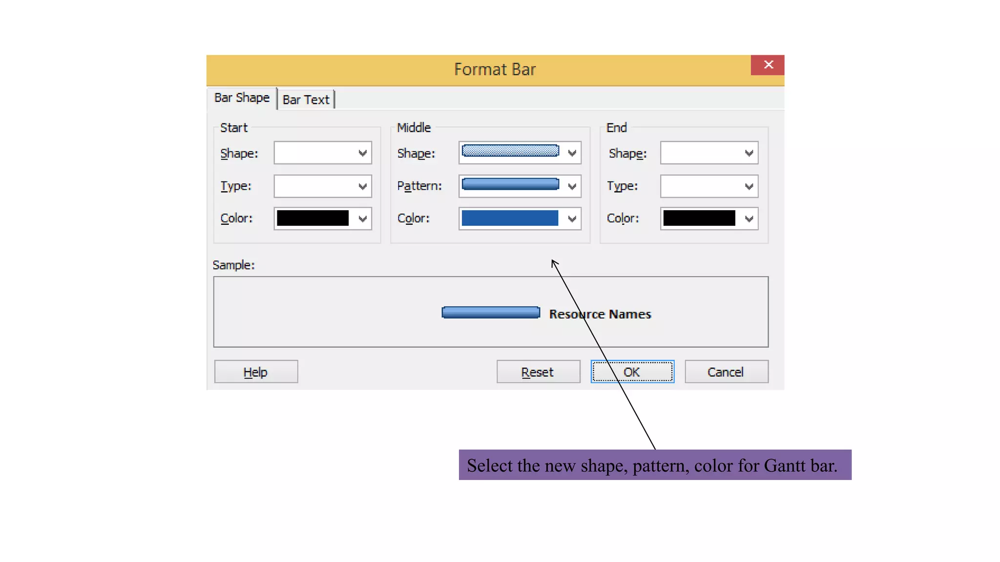 Select the new shape, pattern, color for Gantt bar.
 