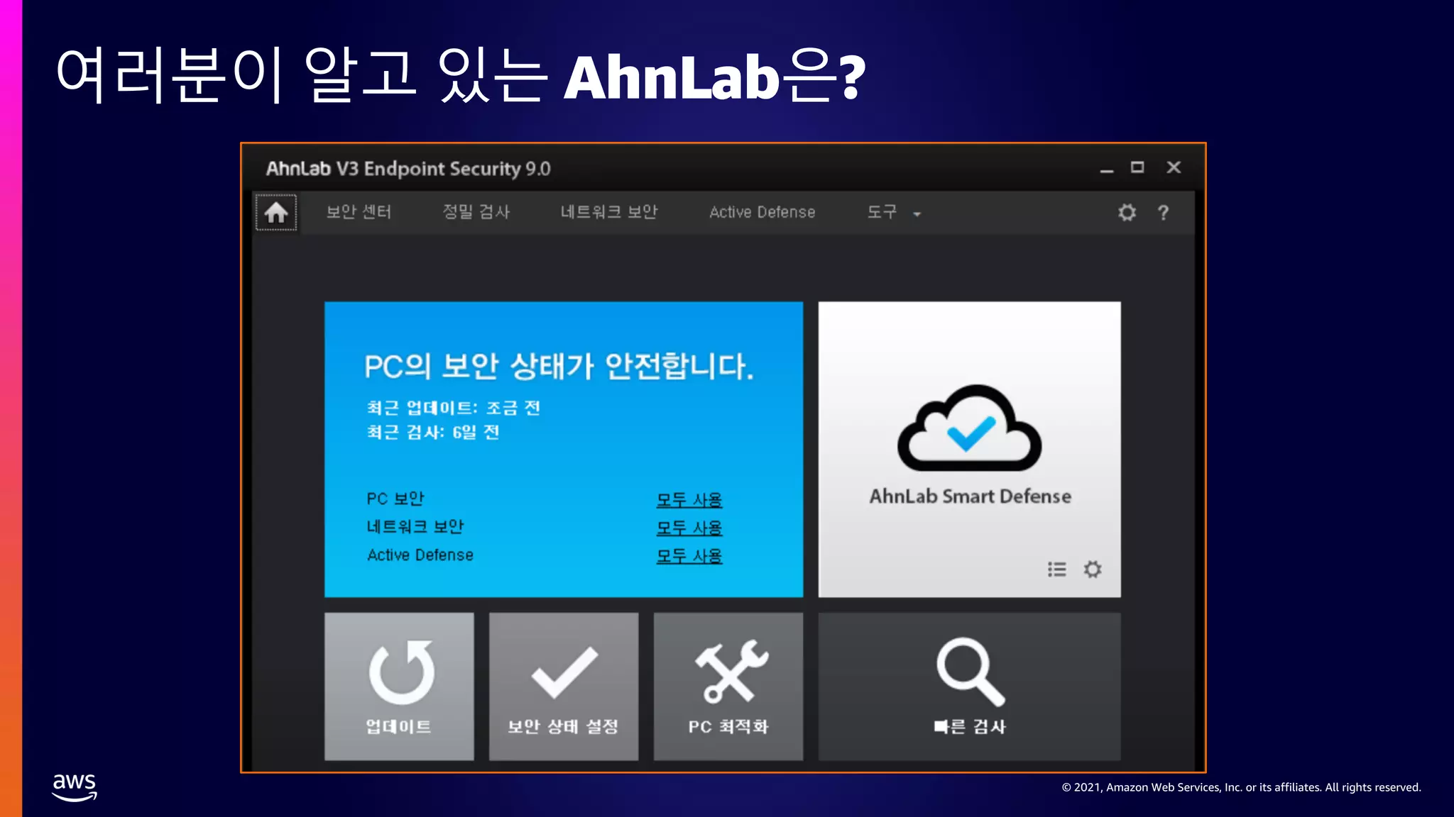 © 2021, Amazon Web Services, Inc. or its affiliates. All rights reserved.
© 2021, Amazon Web Services, Inc. or its affiliates. All rights reserved.
여러분이 알고 있는 AhnLab은?
 