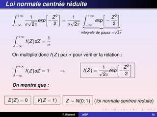 Loi normale centrée réduite
Z +∞
−∞
1
σ
√
2π
exp

−
Z2
2

=
1
σ
√
2π
Z +∞
−∞
exp

−
Z2
2

| {z }
integrale de gauss =
√
2π
Z +∞
−∞
f(Z)dZ =
1
σ
On multiplie donc f(Z) par σ pour vérifier la relation :
Z +∞
−∞
f(Z)dZ = 1 ⇒ f(Z) =
1
√
2π
exp

−
Z2
2

On montre que :
E(Z) = 0 V(Z = 1) Z ∼ N(0; 1) (loi normale centree reduite)
F. Richard MSP 70
 