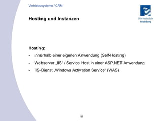 11
Hosting und Instanzen
Hosting:
- innerhalb einer eigenen Anwendung (Self-Hosting)
- Webserver „IIS“ / Service Host in einer ASP.NET Anwendung
- IIS-Dienst „Windows Activation Service“ (WAS)
Vertriebssysteme / CRM
 