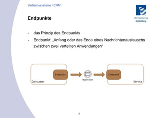 7
Endpunkte
- das Prinzip des Endpunkts
- Endpunkt: „Anfang oder das Ende eines Nachrichtenaustauschs
zwischen zwei verteilten Anwendungen“
Vertriebssysteme / CRM
 