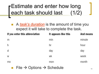 Estimate and enter how long
each task should last (1/2)

   A task’s duration is the amount of time you
    expect it will take to complete the task.




   File  Options  Schedule                     13
 