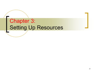 Chapter 3:
Setting Up Resources




                       21
 