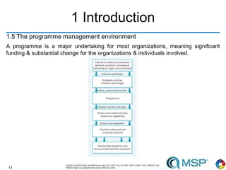 11
1 Introduction
1.5 The programme management environment
A programme is a major undertaking for most organizations, meaning significant
funding & substantial change for the organizations & individuals involved.
 