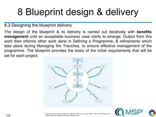 128
8 Blueprint design & delivery
8.3 Designing the blueprint delivery
The design of the blueprint & its delivery is carried out iteratively with benefits
management until an acceptable business case starts to emerge. Output from this
work then informs other work done in Defining a Programme, & refinements which
take place during Managing the Tranches, to ensure effective management of the
programme. The blueprint provides the basis of the initial requirements that will be
set for each project.
 