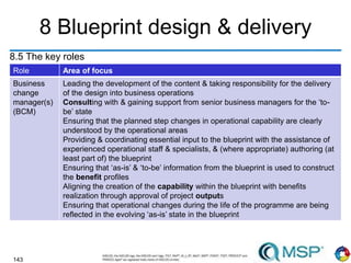143
8 Blueprint design & delivery
8.5 The key roles
weight good 74.5
Role Area of focus
Business
change
manager(s)
(BCM)
Leading the development of the content & taking responsibility for the delivery
of the design into business operations
Consulting with & gaining support from senior business managers for the ‘to-
be’ state
Ensuring that the planned step changes in operational capability are clearly
understood by the operational areas
Providing & coordinating essential input to the blueprint with the assistance of
experienced operational staff & specialists, & (where appropriate) authoring (at
least part of) the blueprint
Ensuring that ‘as-is’ & ‘to-be’ information from the blueprint is used to construct
the benefit profiles
Aligning the creation of the capability within the blueprint with benefits
realization through approval of project outputs
Ensuring that operational changes during the life of the programme are being
reflected in the evolving ‘as-is’ state in the blueprint
 