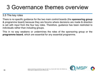35
3 Governance themes overview
3.5 The key roles
There is no specific guidance for the two main control boards (the sponsoring group
& programme board) because they are forums where decisions are made & direction
is set with input from the four key roles. Therefore, guidance has been restricted to
individuals rather than including groups.
This in no way weakens or undermines the roles of the sponsoring group or the
programme board, which are essential for any essential programme.
 