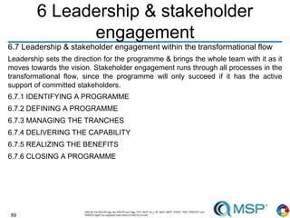 89
6 Leadership & stakeholder
engagement
6.7 Leadership & stakeholder engagement within the transformational flow
Leadership sets the direction for the programme & brings the whole team with it as it
moves towards the vision. Stakeholder engagement runs through all processes in the
transformational flow, since the programme will only succeed if it has the active
support of committed stakeholders.
6.7.1 IDENTIFYING A PROGRAMME
6.7.2 DEFINING A PROGRAMME
6.7.3 MANAGING THE TRANCHES
6.7.4 DELIVERING THE CAPABILITY
6.7.5 REALIZING THE BENEFITS
6.7.6 CLOSING A PROGRAMME
 