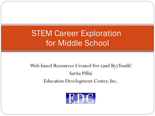 Web-based Resources Created For (and By) Youth! Sarita Pillai Education Development Center, Inc. STEM Career Exploration  for Middle School 