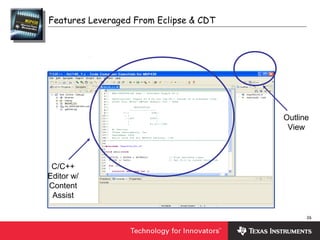 26
Features Leveraged From Eclipse & CDT
C/C++
Editor w/
Content
Assist
Outline
View
 