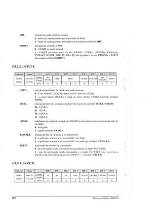 MM-
SWRST-
seleção do modo multiprocessador:
O- modo de endereçamento por inatividade da linha;
1 - modo de endereçamento utilizando bit de endereço (símbolo MM).
ativação do reset da USART:
0- USART no modo normal;
1 - USART no modo reset. Os bits URXIEx, UTXIEx, URXIFGx, RXWAKE,
TXWAKE, RXERR, BRK, PE, OE e FE são apagados e os bits UTXIFGx e TXEPT
são setados (símbolo SWRST).
CKPL-
5.8.9.2. UxTCTL
Leitura Não
SSELx
Não
OxOO71 UOTCTL
utilizado
CKPL URXSE TXWAKE
utilizado
TXEPT
Escrita
OxOO79 UlTCTL
I
Reset O O O O O O O I
seleção da polaridade de clock para modo síncrono:
O- o clock interno (UCLKI) é igual ao clock externo (UCLK);
1 - o clock interno (UCLKI) é igual ao clock externo (UCLK) invertido (símbolo
CKPL).
SSELx - seleção da fonte de clock para o gerador de baud-rate (símbolo SSELl e SSELO):
00 - UCLKI;
01- ACLK;
10-SMCLK;
11- SMCLK.
URXSE - habilitação da opção de ativação da USART na detecção de uma transição da linha de
recepção:
O- desligado;
1 - ligado (símbolo URXSE).
TXWAKE - seleção do tipo de caractere a ser transmitido:
O- o próximo caractere a ser transmitido é um dado;
1 - o próximo caractere a ser transmitido é um endereço (símbolo TXWAKE).
TXEPT- sinalizador de término de transmissão:
O- há informação sendo transmitida ou aguardando no buffer UxTXBUF;
1 - não há informação sendo transmitida e o buffer UxTXBUF está vazio (ou a
USART está em modo de reset, com SWRST 1) (símbolo TXEPT).
5.8.9.3. UxRCTL
182 Microcontroladores MSP430
 