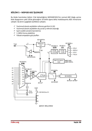 FxDev.org Sayfa 30
BÖLÜM 5 – MSP430 ADC İŞLEMLERİ
Bu kitabı hazırlarken bölüm 1’de bahsettiğimiz MSP430F2013’ün normal ADC bloğu yerine
blok diyagramını şekil 18’de göreceğiniz 16 bitlik sigma delta modülasyonlu ADC mimarisine
sahiptir. Bu birim aşağıdaki özelliklere sahiptir;
 Yazılımsal olarak seçilebilen referans gerilimi (1.2V)
 Yazılımsal olarak seçilebilen dış ya da iç referans kaynağı
 İçsel sıcaklık sensörü barındırma
 1.1MHz hızına çıkabilme
 Yüksek empedans giriş bufferı
Şekil 18 - SD16_A Birimi
 