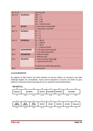 FxDev.org Sayfa 34
Bit 15-12 - Ayrılmış alan
Bit 11-9 SD16XDIVx 000 - / 1
001 - / 3
010 - / 16
011 - / 48
1xx - / Ayrılmış alan
Bit 8 SD16LP 0: Low power mod deaktif
1: Low power mod aktif
Bit 7-6 SD16DIVx 00 - / 1
01 - / 2
10 - / 4
11 - / 8
Bit 5-4 SD16SSELx 00 - / MCLK
01 - / SMCLK
10 - / ACLK
11 - / External TACLK
Bit 3 SD16VMIDON 0: 1.2V çıkışa yansımayacak
1: 1.2V çıkışa yansıyacak
Bit 2 SD16REFON 0: Referans kapalı
1: Referans açık
Bit 1 SD16OVIE 0: Taşma kesmesi aktif değil
1: Taşma kesmesi aktif
Bu bitten önce GIE aktif yapılmalı.
Bit 0 - Ayrılmış alan
5.2.4.2) SD16CCTL0
Bu register ile ilgili birimin tüm filtre işlemleri ile çevrim modları ve sonuçların nasıl elde
edileceği bilgileri ele alınmaktadır. Ayrıca kesme bayrakları ve kesme izin bitleri ile giriş
bufferının kullanılıp kullanılmayacağı da yine bu registerle ayarlanabilmektedir.
 