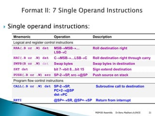 Dr.Renu Madhavi.ch,RVCE 21
 Single operand instructions:
Mnemonic Operation Description
Logical and register control instructions
RRA(.B or .W) dst MSBMSB…
LSBC
Roll destination right
RRC(.B or .W) dst CMSB…LSBC Roll destination right through carry
SWPB(B or .W) dst Swap bytes Swap bytes in destination
SXT dst bit 7bit 8…bit 15 Sign extend destination
PUSH(.B or .W) src SP-2SP, src@SP Push source on stack
Program flow control instructions
CALL(.B or .W) dst SP-2SP,
PC+2@SP
dstPC
Subroutine call to destination
RETI @SP+SR, @SP+SP Return from interrupt
MSP430 Assembly
 
