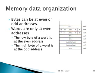  Bytes can be at even or
odd addresses
 Words are only at even
addresses
◦ The low byte of a word is
at the even address.
◦ The high byte of a word is
at the odd address
ECE 3561 - Lecture 1 32
 
