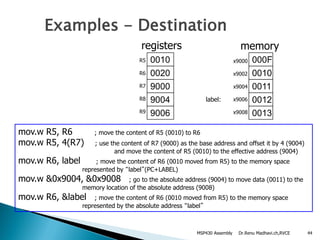 Dr.Renu Madhavi.ch,RVCE 44
mov.w R5, R6 ; move the content of R5 (0010) to R6
mov.w R5, 4(R7) ; use the content of R7 (9000) as the base address and offset it by 4 (9004)
and move the content of R5 (0010) to the effective address (9004)
mov.w R6, label ; move the content of R6 (0010 moved from R5) to the memory space
represented by “label”(PC+LABEL)
mov.w &0x9004, &0x9008 ; go to the absolute address (9004) to move data (0011) to the
memory location of the absolute address (9008)
mov.w R6, &label ; move the content of R6 (0010 moved from R5) to the memory space
represented by the absolute address “label”
Examples - Destination
000F
0010
0011
0012
0013
x9000
x9002
x9004
x9006
x9008
0010
0020
9000
9004
9006
R5
R6
R7
R8
R9
registers memory
label:
MSP430 Assembly
 
