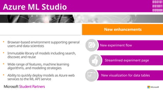 Azure ML Studio
 Browser-based environment supporting general
users and data scientists
 Immutable library of models including search,
discover, and reuse
 Wide range of features, machine learning
algorithms, and modeling strategies
 Ability to quickly deploy models as Azure web
services to the ML API service
New experiment flow
Streamlined experiment page
New visualization for data tables
ML Studio New enhancements
 