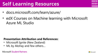 • docs.microsoft.com/learn/azure/
• edX Courses on Machine learning with Microsoft
Azure ML Studio
Self Learning Resources
Presentation Attribution and References:
• Microsoft Ignite (New Zealand)
• ML by Akshay and few others…
 