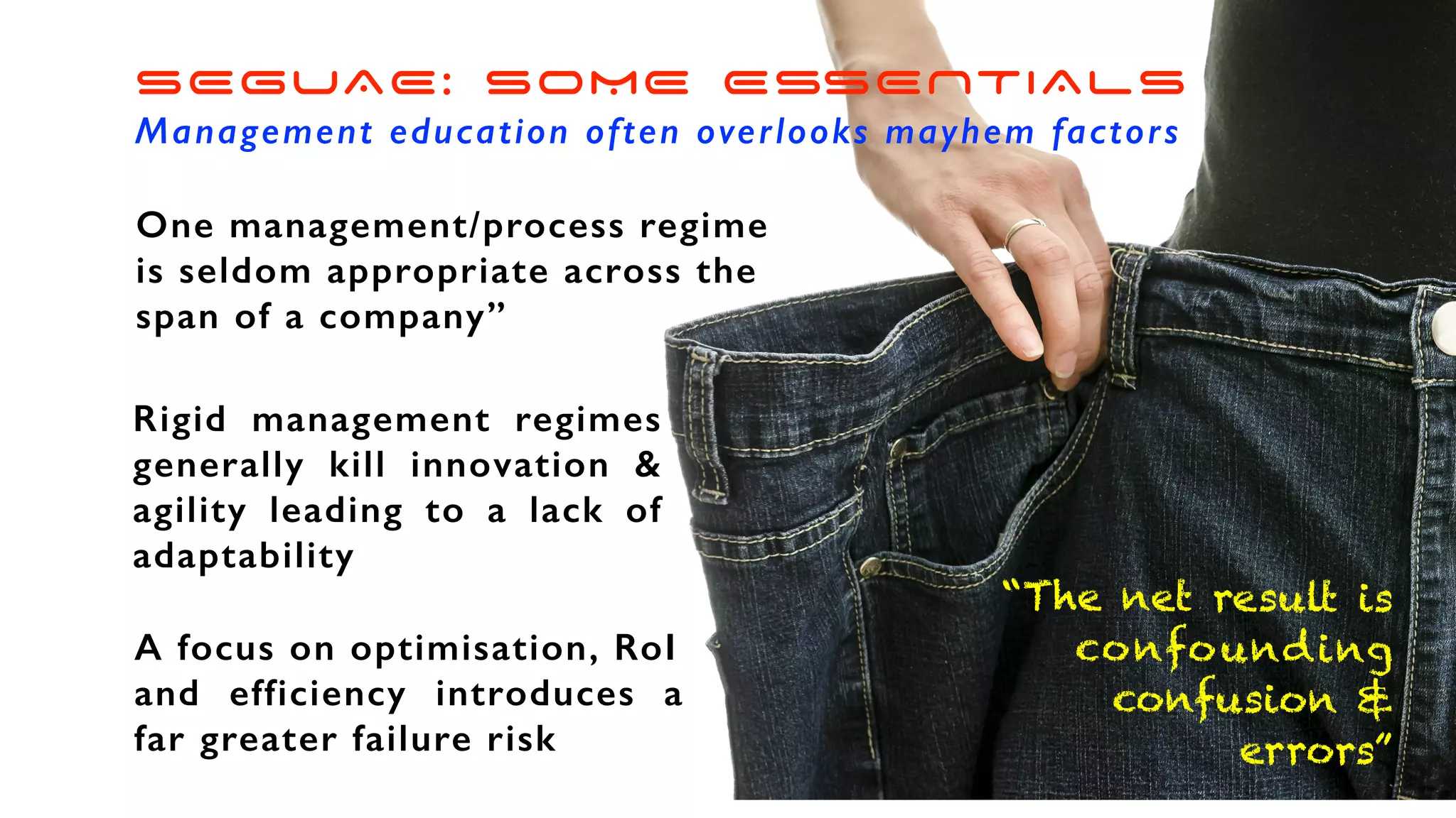 SEGUAE: SOME ESSENTIALS
Management education often overlooks mayhem factors
One management/process regime
is seldom appropriate across the
span of a company”
Rigid management regimes
generally kill innovation &
agility leading to a lack of
adaptability
“The net result is
confounding
confusion &
errors”
A focus on optimisation, RoI
and efficiency introduces a
far greater failure risk
 