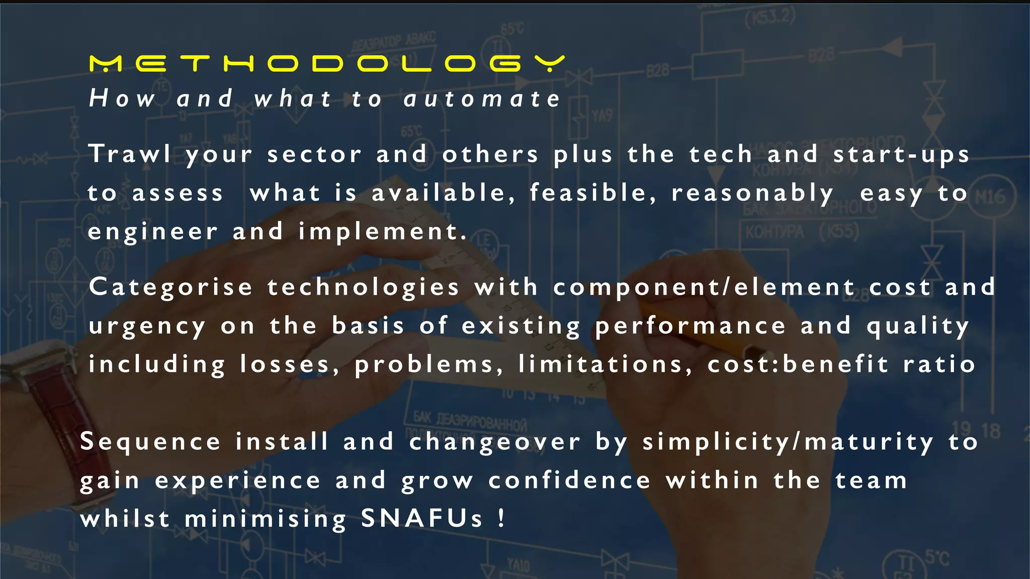 Trawl your sector and others plus the tech and start-ups
t o a s s e s s w h a t i s a v a i l a b l e , f e a s i b l e , re a s o n a b l y e a s y t o
e n g i n e e r a n d i m p l e m e n t .
M E T H O D O L O G Y
H o w a n d w h a t t o a u t o m a t e
C a t e g o r i s e t e c h n o l o g i e s w i t h c o m p o n e n t / e l e m e n t c o s t a n d
urge nc y o n the basis of existing performance and quality
includ i ng losses, problems, limitat ions, cost:benefit ratio
S e q u e n c e i n s t a l l a n d c h a n g e o v e r b y s i m p l i c i t y / m a t u r i t y t o
g a i n e x p e r i e n c e a n d g ro w c o n f i d e n c e w i t h i n t h e t e a m
whilst minimising SNAFUs !
 