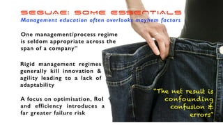 SEGUAE: SOME ESSENTIALS
Management education often overlooks mayhem factors
One management/process regime
is seldom appropriate across the
span of a company”
Rigid management regimes
generally kill innovation &
agility leading to a lack of
adaptability
“The net result is
confounding
confusion &
errors”
A focus on optimisation, RoI
and efficiency introduces a
far greater failure risk
 