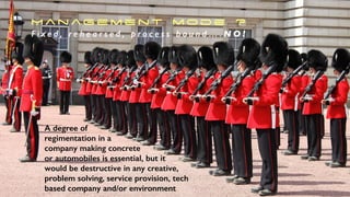 M a n ag e m e n t m o d e ?
F i x e d , r e h e a r s e d , p r o c e s s b o u n d … . N O !
A degree of
regimentation in a
company making concrete
or automobiles is essential, but it
would be destructive in any creative,
problem solving, service provision, tech
based company and/or environment
 