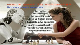 H O W & W H AT TO Au to m at E ?
N o t s u c h s i m p l e q u e s t i o n s
Can Machines
Do a better job?
Cut operating costs?
Free up human skills?
Facilitate new business?
Improve overall quality?
Produce market advantage?
Help win new business?
 