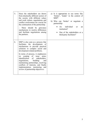 the partnership?
                                                h) What are the roles that they can take
                                                   up at a particular stage/phase in the
                                                   MSP?
                                                i) What is the exit strategy for the
                                                   partnership as a whole?
                                             Therefore, mapping the entry and exit points
                                             of different partners can yield valuable inputs
                                             to understand the dynamics of long term
                                             partnerships.

5.   Since the stakeholders are drawn           a) Is it appropriate to use a term like
     from drastically different sectors of         ‘broker’ in the context of MSP?
     the society with different values          b) Who can ‘broker’ or negotiate a
     and work culture, negotiations and            partnership:
     conflict resolvement are crucial for
     the continuation of the partnership.               •   An       individual   or     an
     - There should be grievance                            institution?
     mechanisms to resolve differences                  •   One of the stakeholders or a
     and facilitate negotiations among                      third party facilitator?
     the partners.


6.   MSP is also seen as a process that
     facilitates the development of
     mechanisms to provide practical
     solutions to complex social and
     development related problems.
     In terms of process, it emphasizes
     on scoping of issue areas,
     identification of stakeholders,
     negotiations,     building       and
     maintaining partnerships, resolving
     conflicts of interests, and finally
     implementation, monitoring and
     review of partnership objective/s.




                                                                                          5
 