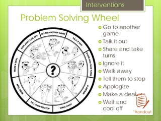 Problem Solving Wheel
 Go to another
game
 Talk it out
 Share and take
turns
 Ignore it
 Walk away
 Tell them to stop
 Apologize
 Make a deal
 Wait and
cool off
*handout
Interventions
 