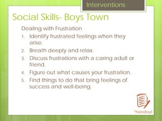 Social Skills- Boys Town
Dealing with Frustration
1. Identify frustrated feelings when they
arise.
2. Breath deeply and relax.
3. Discuss frustrations with a caring adult or
friend.
4. Figure out what causes your frustration.
5. Find things to do that bring feelings of
success and well-being.
Interventions
*handout
 