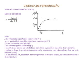 CINÉTICA DE FERMENTAÇÃO
MODELOS DE CRESCIMENTO CELULAR
MODELO DE MONOD
onde:
µ é a velocidade específica de crescimento (h-1)
µmax é a velocidade específica máxima de crescimento (h-1)
KS é a constante de saturação (g/L)
S é a concentração de substrato (g/L)
• considera que apenas um substrato do meio limita a velocidade específica de crescimento.
• explica as fases de crescimento exponencial e estacionária mas não explica a fase lag e de
declínio (morte).
• os parâmetros e Ks dependem do microrganismo, do meio de cultura, do substrato limitante e
da temperatura.
 