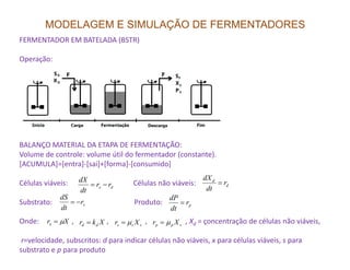 MODELAGEM E SIMULAÇÃO DE FERMENTADORES
FERMENTADOR EM BATELADA (BSTR)
Operação:
BALANÇO MATERIAL DA ETAPA DE FERMENTAÇÃO:
Volume de controle: volume útil do fermentador (constante).
[ACUMULA]=[entra]-[sai]+[forma]-[consumido]
Células viáveis: Células não viáveis:
Substrato: Produto:
Onde: , , , , Xd = çoncentração de células não viáveis,
r=velocidade, subscritos: d para indicar células não viáveis, x para células viáveis, s para
substrato e p para produto
dx rr
dt
dX
−= d
d
r
dt
dX
=
sr
dt
dS
−= pr
dt
dP
=
Xrx µ= Xkr dd = vpp Xr µ=vss Xr µ=
 