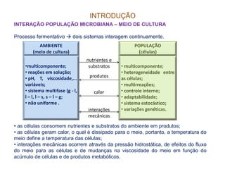 INTRODUÇÃO
INTERAÇÃO POPULAÇÃO MICROBIANA – MEIO DE CULTURA
Processo fermentativo dois sistemas interagem continuamente.
AMBIENTE
(meio de cultura)
POPULAÇÃO
(células)
•multicomponente;
• reações em solução;
• pH, T, viscosidade,...
variáveis;
• multicomponente;
• heterogeneidade entre
as células;
• multirreações;
nutrientes e
substratos
produtos
• sistema multifase (g - l,
l – l, l – s, s – l – g;
• não uniforme .
• multirreações;
• controle interno;
• adaptabilidade;
• sistema estocástico;
• variações genéticas.
calor
interações
mecânicas
• as células consomem nutrientes e substratos do ambiente em produtos;
• as células geram calor, o qual é dissipado para o meio, portanto, a temperatura do
meio define a temperatura das células;
• interações mecânicas ocorrem através da pressão hidrostática, de efeitos do fluxo
do meio para as células e de mudanças na viscosidade do meio em função do
acúmulo de células e de produtos metabólicos.
 