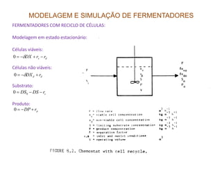 MODELAGEM E SIMULAÇÃO DE FERMENTADORES
FERMENTADORES COM RECICLO DE CÉLULAS:
Modelagem em estado estacionário:
Células viáveis:
Células não viáveis:
Substrato:
dx rrDX −+−= δ0
dd rDX +−= δ0
Substrato:
Produto:
srDSDS −−= 00
prDP +−=0
 