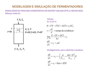 MODELAGEM DE PROCESSO FERMENTATIVO EM REATOR TUBULAR (PFR ou PACKED BED)
Balanço material:
X, S, P
X+∆X,S+∆S, P+∆P
F, X See
z
z+∆z
MODELAGEM E SIMULAÇÃO DE FERMENTADORES
Células:
A= E-S+F-C
( )
( ) r
XXX
F
V
VrXXFFX RX
ε
τ
=
∆+−
==
∆+∆+−= '
lim
residênciadetempo
0
F, Xs, Ss, Ps Analogamente, para substrato e produto:
( )
Xr
d
dX
r
XXX
X
x
µ
τ
ττ
==
=
∆→∆ 0
lim
( )Xr
d
dP
X
YY
r
d
dS
P
SPSX
S
βαµ
τ
βαµµ
τ
+==





 +
+−=−=
//
 
