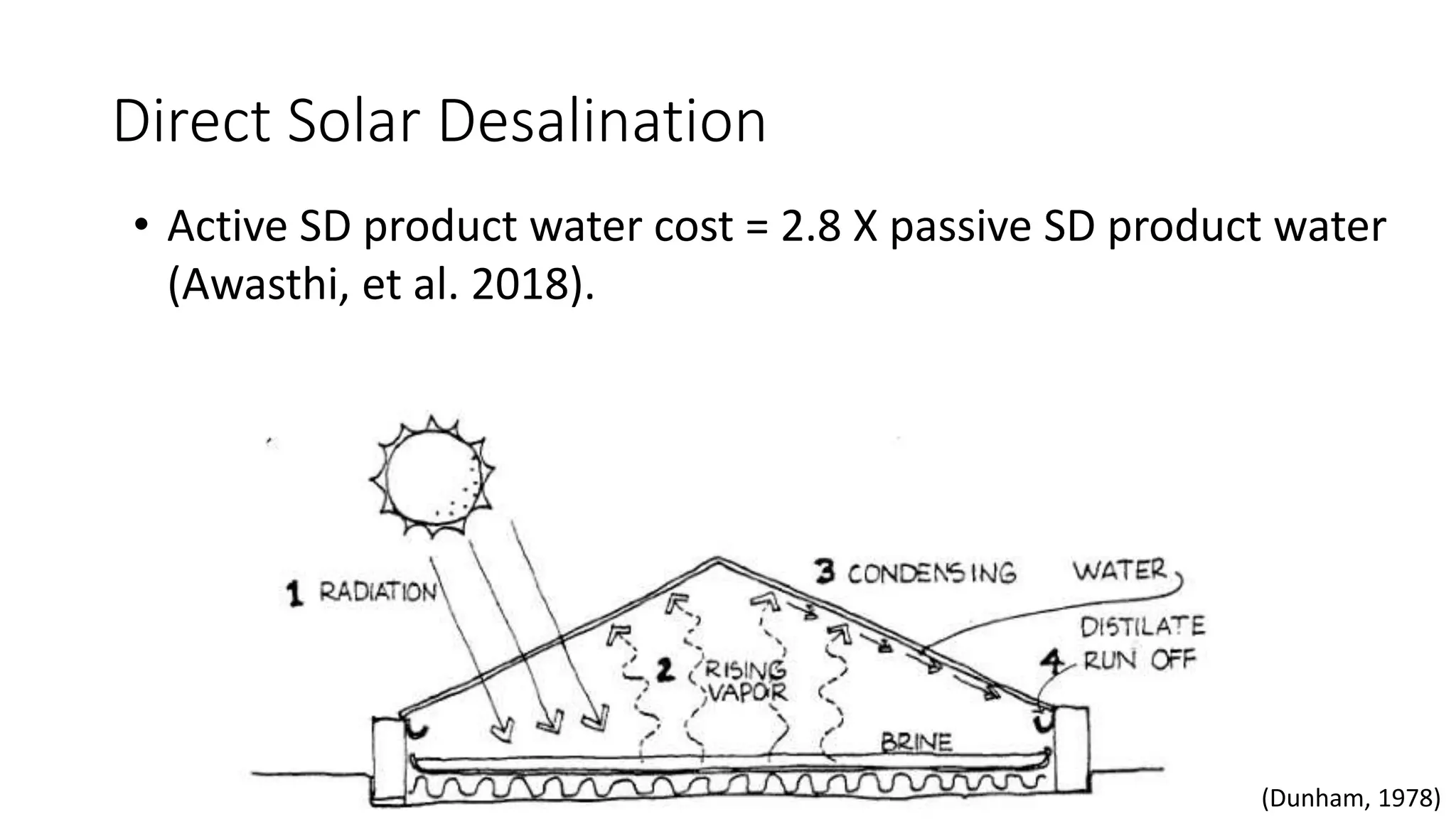 Direct Solar Desalination
(Dunham, 1978)
• Active SD product water cost = 2.8 X passive SD product water
(Awasthi, et al. 2018).
 
